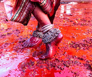 Nandgaon, İndiana 'da Holi festivaline katılan transseksüel bir kadının çıplak ayakları seçici bir şekilde konuya odaklanmış ve gürültü ve tahıl eklemiş..