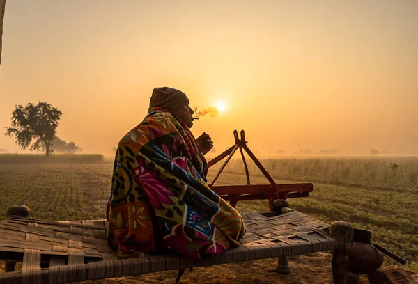Silhouette Eines Alten Bauern Auf Seinem Feld Während Des Sonnenaufgangs — Stockfoto