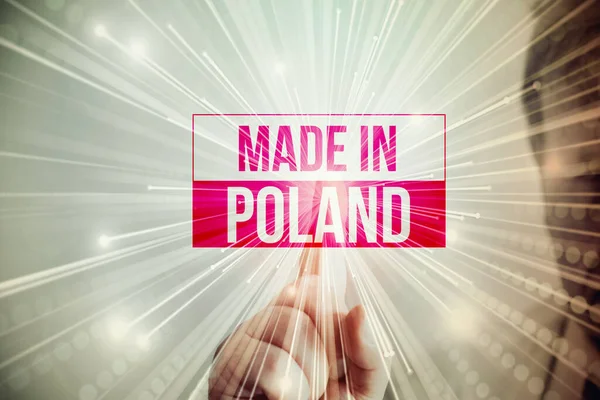 Mężczyzna Wciska Przycisk Made Poland — Zdjęcie stockowe