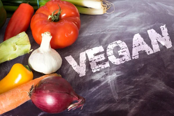 Olika Grönsaker Och Ord Veganska — Stockfoto