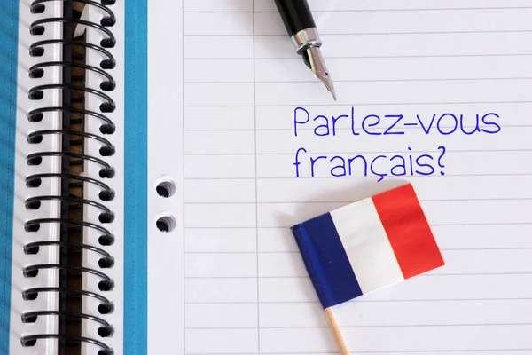 Flagge Von Frankreich Schulheft Und Frage Sprechen Sie Französisch — Stockfoto
