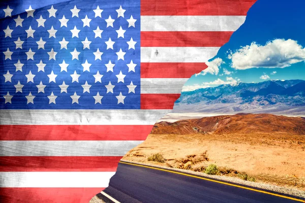 Flag of USA and a road through the desert