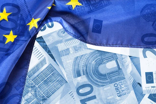 Bandera Unión Europea Billetes Euros — Foto de Stock