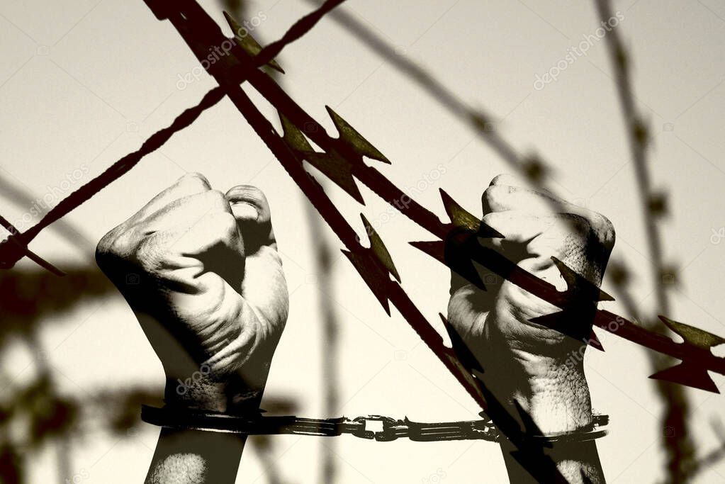 Barbed wire and hands handcuffed