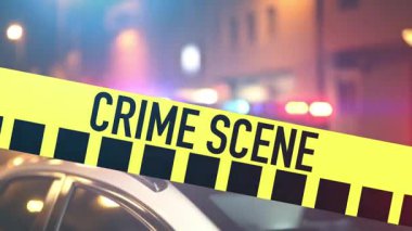 Yanıp sönen ışıklar ve olay yeri bandı olan bir polis arabası.