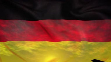 Almanya bayrağı ve bir uçak havalanıyor. Almanya 'ya seyahat için sembolik video
