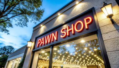 Mağaza vitrininde neon bir rehinci tabelası.