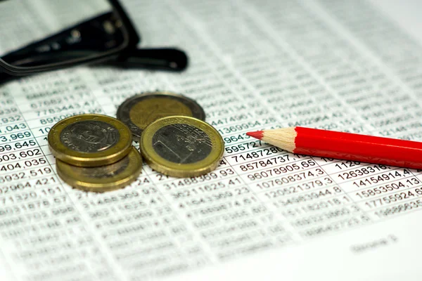 Close Shot Financial Document Euro Coins Red Pencil — Stock Photo, Image