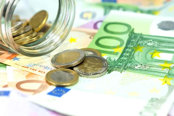 Primo Piano Delle Banconote Delle Monete Euro Barattolo Sfondo — Foto Stock