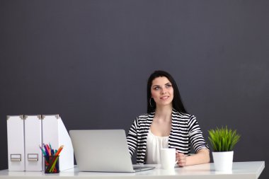 Güzel iş kadını onun Resepsiyon withlaptop çalışma