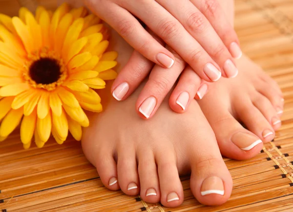 Care for beautiful woman legs on the floor — Stock Photo, Image