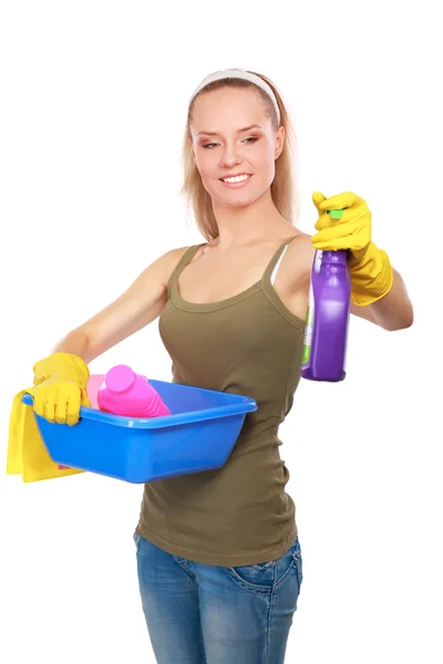 The portrait of girl - concept Cleaning, isolated on white background — Stock Photo, Image