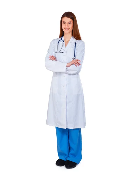 Woman doctor standing with stethoscope at hospital — Stock Photo, Image