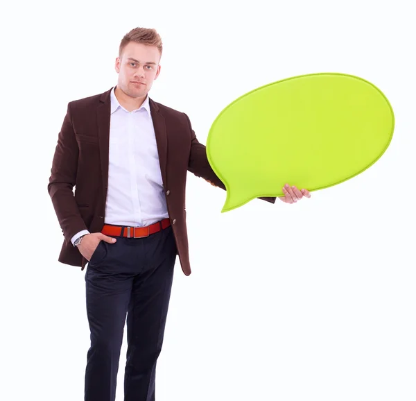 Человек держит белый пустой пузырь речи с пространством для текста — стоковое фото