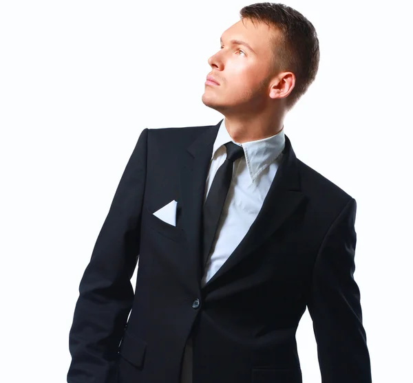 Porträt eines erfolgreichen jungen Geschäftsmannes, der isoliert auf grauem Hintergrund steht — Stockfoto
