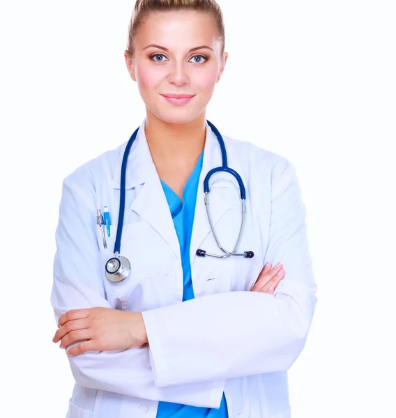 Jeune médecin femme avec stéthoscope isolé sur fond blanc — Photo