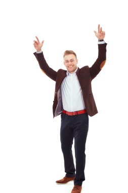 Gri arka plan üzerinde izole duran bir başarılı genç iş adamı portresi