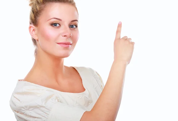 Smiling businesswoman pointing up, isolated on white background — Stock Photo, Image