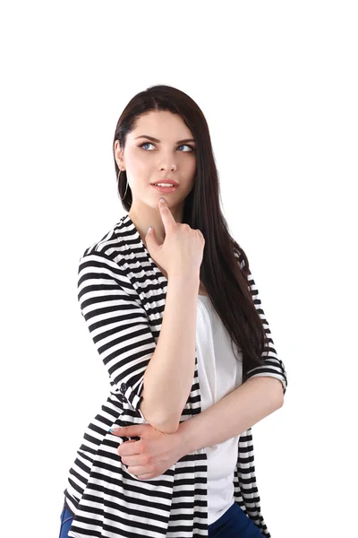 Beautiful  young woman standing isolated against white background — Stock Photo, Image