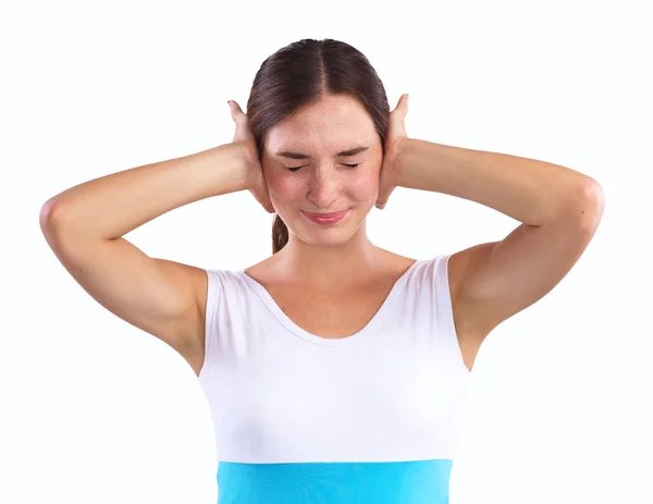 Portrait of woman with hands on ears — Stock Photo, Image