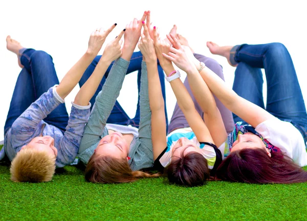 Group of friends with their hands in the ai Stock Image