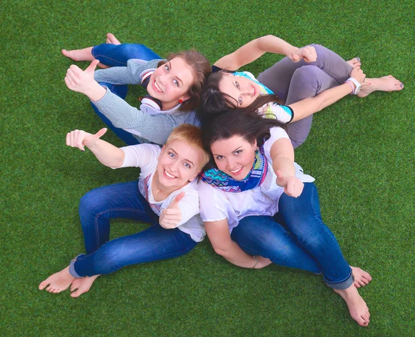 Four young women sitting on green grass — Stock Photo, Image