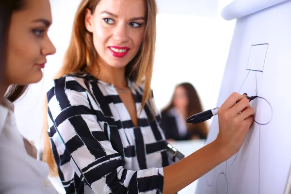 Young woman with folder writing on board — Stock Photo, Image