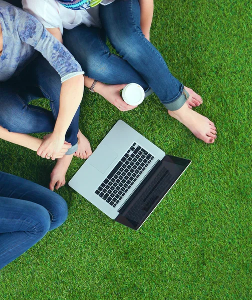 Vier jonge vrouwen zittend op groen gras — Stockfoto