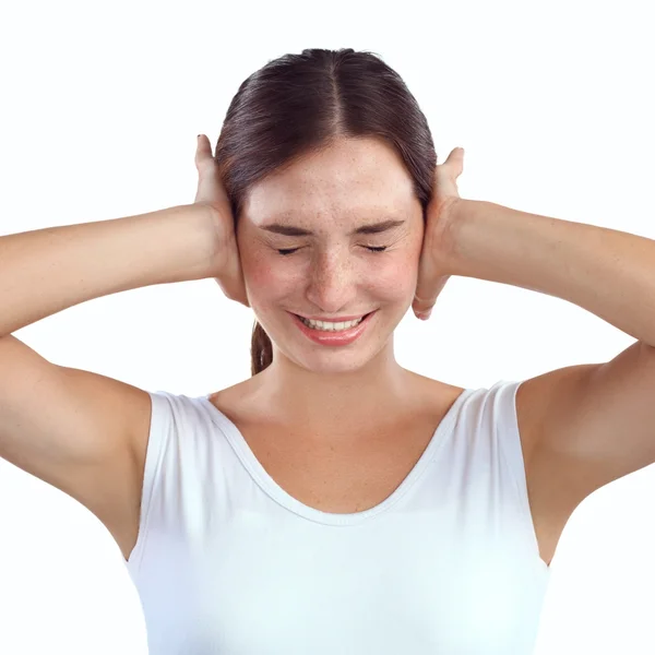 Portrait of woman with hands on ears — Stock Photo, Image