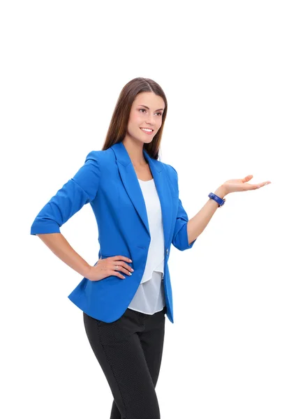 Retrato de una joven mujer de negocios señalando . — Foto de Stock