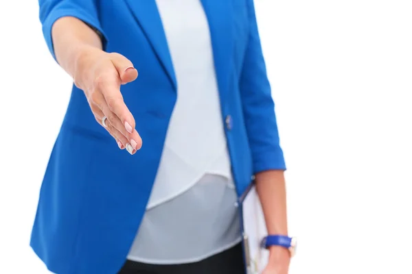 Mujer de negocios con brazo extendido para un apretón de manos . — Foto de Stock