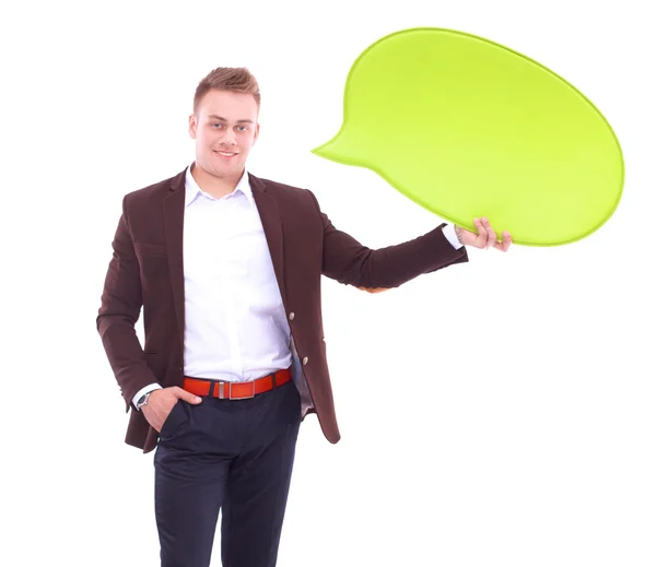 Man met witte lege tekstballon met ruimte voor tekst — Stockfoto