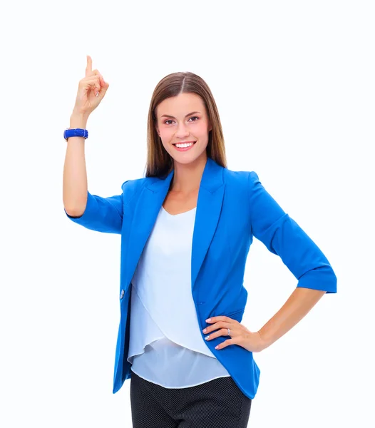 Retrato de una joven mujer de negocios señalando . — Foto de Stock