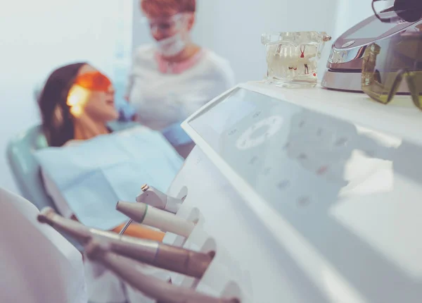 Close up view at set of dentist tools in modern dental office — Stock Photo, Image