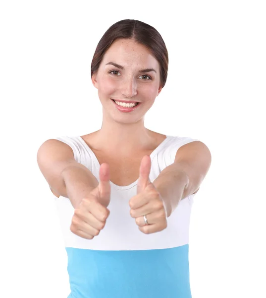 Young woman showing thumb up, isolated on white — Stock Photo, Image