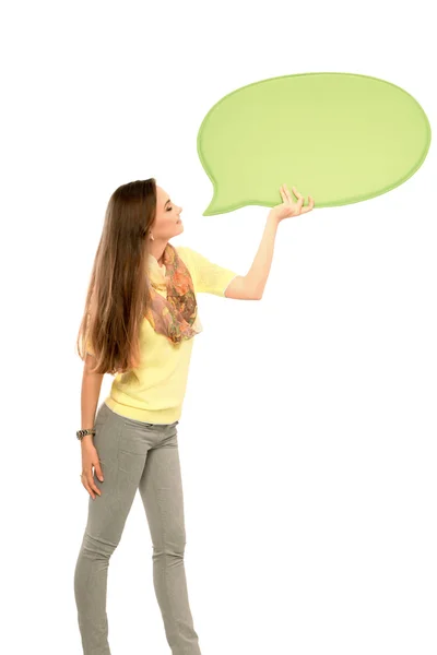Toespraak bubble vrouw student schoolbord — Stockfoto