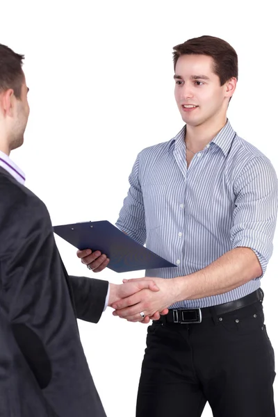 Empresarios estrechando las manos, aislados en blanco . — Foto de Stock