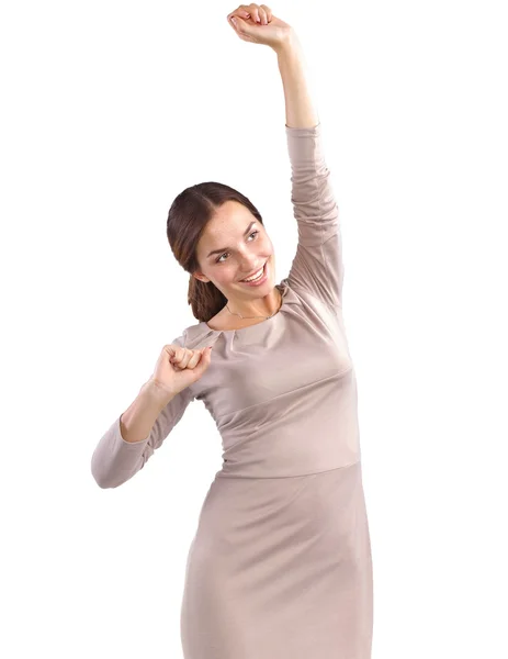 Donna sorridente con le mani in alto, isolata su sfondo bianco — Foto Stock