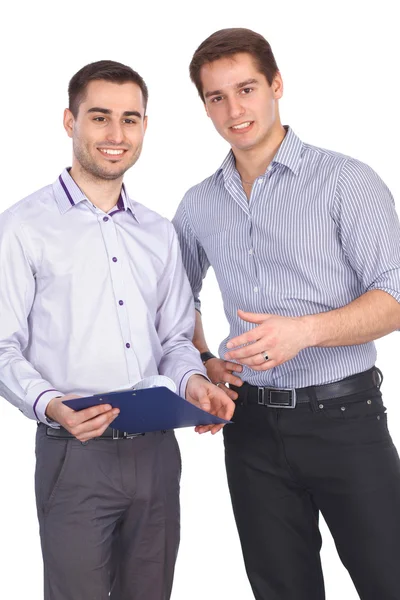 Dois homens de negócios segurando pasta contrato isolado no branco — Fotografia de Stock