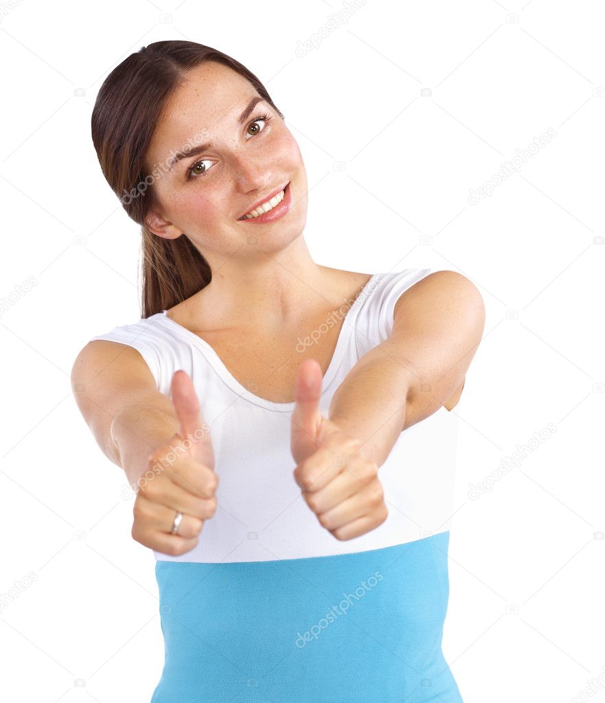 Young woman showing thumb up, isolated on white