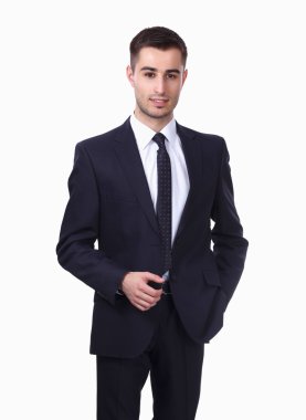 Beyaz arka planda izole edilmiş genç bir adamın portresi