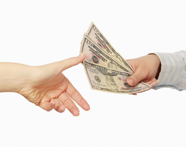 Money on the hands, isolated on white background.