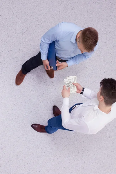 Overhead-Ansicht von Personen, die Geschäftstreffen haben, isoliert auf weißem Hintergrund — Stockfoto