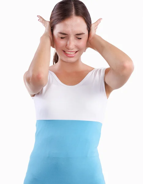 Portrait of woman with hands on ears — Stock Photo, Image