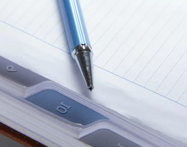 Pen on notebook.
