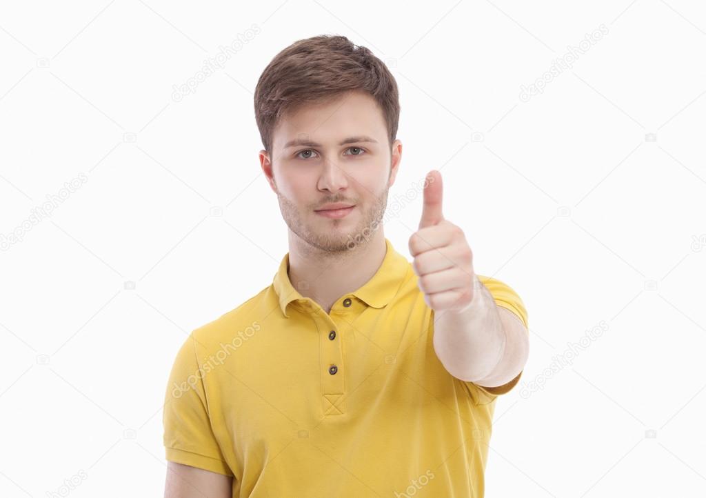 Happy smiling young man showing ok, isolated on white background