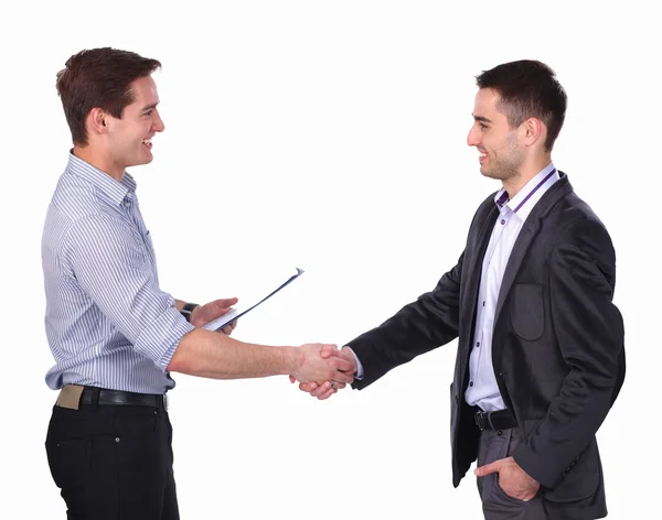 Empresarios estrechando las manos, aislados en blanco . — Foto de Stock