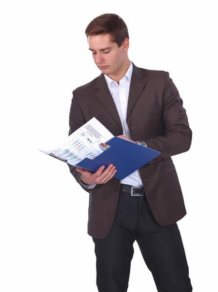 Young man standing with folder, isolated on white background — Stock Photo, Image