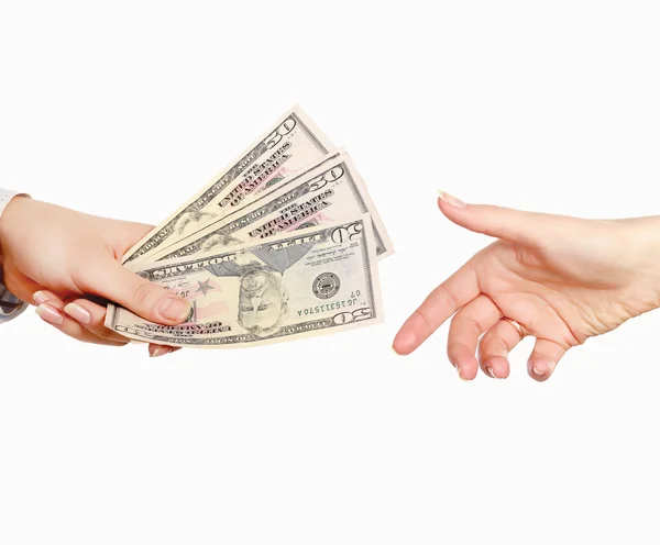 Hand geven van geld, geïsoleerd op witte achtergrond — Stockfoto