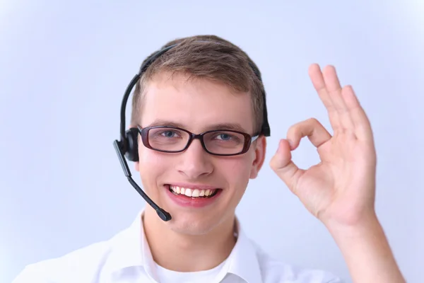 Customer service agent showing ok, isolated on white background — Stock Photo, Image